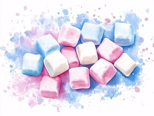 水彩背景的多彩棉花糖