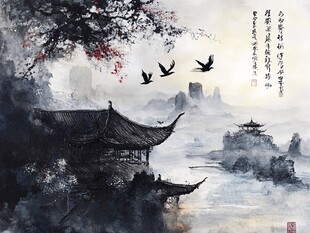 水墨江南古建筑飞鸟图景