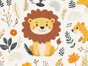 可爱狮子与自然元素图案