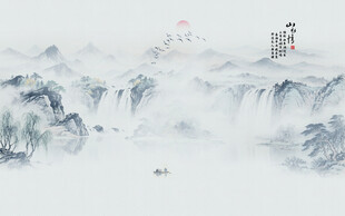 中国风国画山水水墨画背景墙画