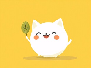 可爱白猫手持绿叶笑嘻嘻