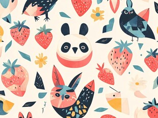 可爱动物与草莓花卉图案