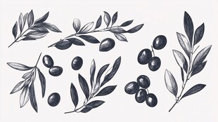 手绘橄榄枝叶与果实插画