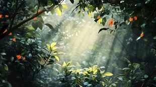 林间光影下的生机花卉