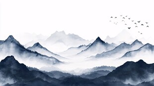 水墨山水间飞鸟掠群山