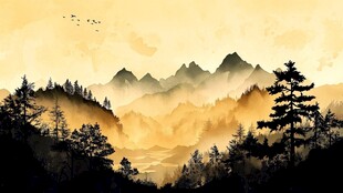 黄昏山林间 飞鸟越群山