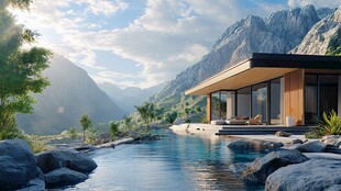 山间现代别墅与泳池景观