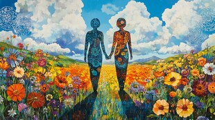 漫步花海的牵手剪影