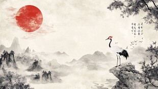 红日仙鹤图 中式山水意境