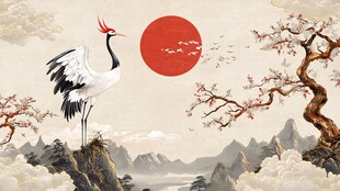 丹顶鹤立于山水红日间