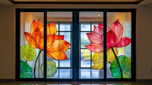 彩绘莲花玻璃门窗艺术