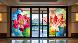 彩绘荷花玻璃门装饰景观