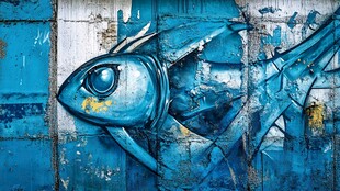 蓝色鱼形街头涂鸦艺术