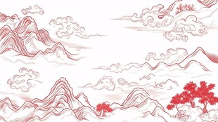 中式山水云纹红色装饰画