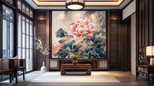 中式客厅的雅致花卉壁画