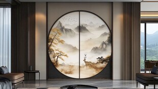 中式客厅的圆形山水装饰画