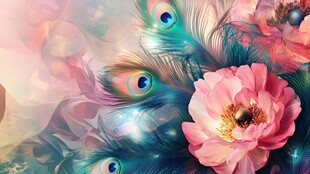 孔雀羽与粉花梦幻插画