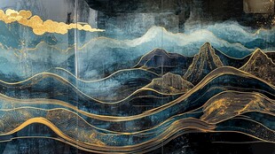 金色线条勾勒山水画卷