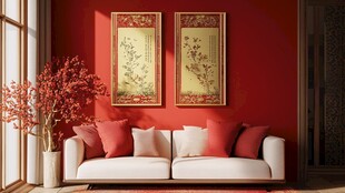 中式红墙客厅沙发装饰画