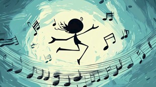 女孩随音符舞动的梦幻场景