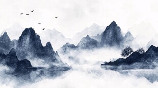 水墨山水间飞鸟云雾景致