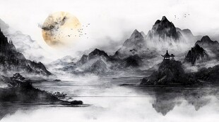 水墨山水间的静谧月色