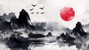 水墨山水红日飞鸟图