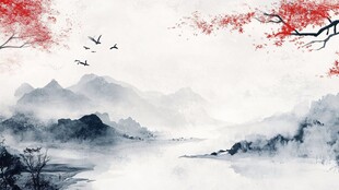 水墨山水间飞鸟伴红枝