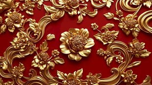 红底金色华丽花卉浮雕图案