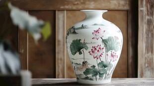 中式荷花图案精美陶瓷花瓶