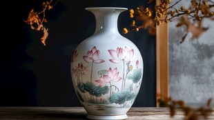 中式手绘荷花花瓶摆件