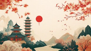 中式山水古塔春日美景图