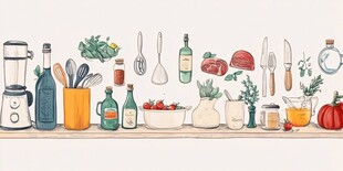 厨房用品整齐摆放在台面