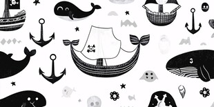 海洋主题黑白卡通图案元素