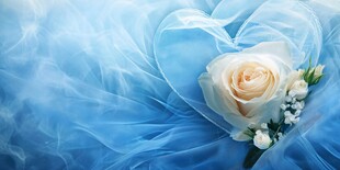 蓝纱上的柔美白玫瑰