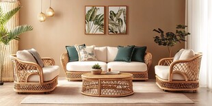 自然风藤编客厅沙发组合