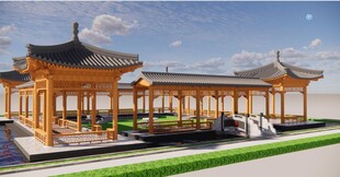 中式古典长廊建筑景观