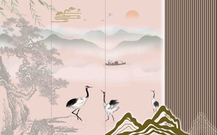 中式山水仙鹤屏风画