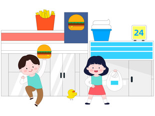 儿童快餐店便利店汉堡薯条插画