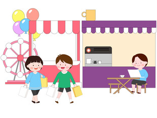 儿童游乐园咖啡店购物玩耍插画