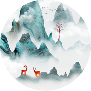 水墨山水间的灵动双鹿圆形装饰画