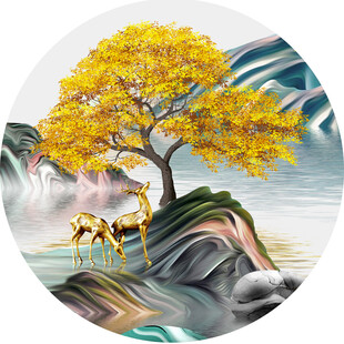 金色孤树旁的奇幻山水圆形装饰画
