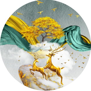 金鹿祥云间的梦幻景致圆形装饰画