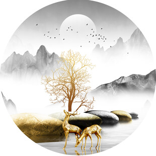 中式山水间的双鹿图圆形装饰画
