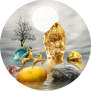 奇幻宝石与灵鹿的梦幻圆形装饰画