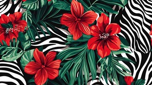 热带花卉与斑马纹图案