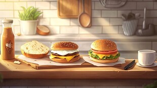 厨房台面上的美味汉堡组合