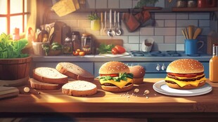 厨房中的美味汉堡与面包