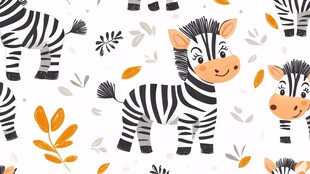 可爱斑马与树叶卡通图案