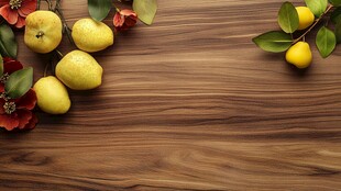 木质桌面上的水果与花卉